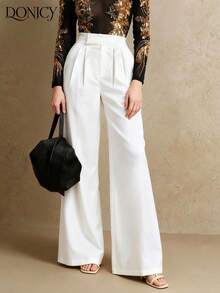 DONICY Women's Solid Color Double Pocket Straight Leg Pants, High Waist Loose Elegant Bell-Bottom Trousers, Pleated High Waist Minimalist Commuter Style, Autumn/Winter