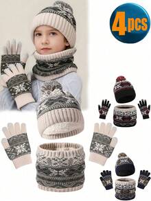 4pcs 5-10Y Baby Earless Hat, Fingerless Gloves & Scarf Set, Girls & Boys, Knitted Warm Winter Hat, Gloves & Scarf Set With Wool Lining For Toddlers, Kids Winter Hat, Gloves & Scarf Set, Girls Knitted Earless Hat With Pom Pom, Fingerless Gloves & Neck Warmer Set With Wool Lining - 4PCS - View 10