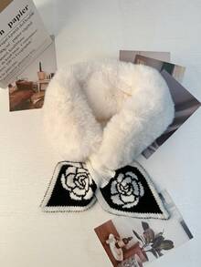 1条女士针织毛绒领围巾，搭配鱼尾缎带拼接设计，适合秋冬季日常保暖搭配连衣裙 - 酒紅花 - 查看 9