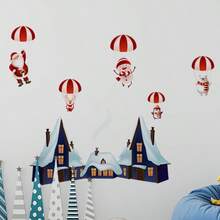 Adhesivos navideños de pared, modernos adhesivos autoadhesivos para decorar puertas y paredes de tiendas. Diseños de Papá Noel, muñecos de nieve y paracaídas con una casa nevada. Decoración festiva para las fiestas navideñas.