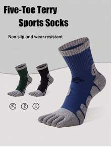 3 Pairs Men's Thick Terry Cushion Toe Socks, Professional Sports Compression Socks For Outdoor Fitness Running, Autumn/Winter Mid-Calf Cotton Socks - Multicolor - View 1