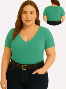 Kit With 3 Basic Women's Plus Size V-Neck Blouses - Turquoise/green/off Blue - View 4