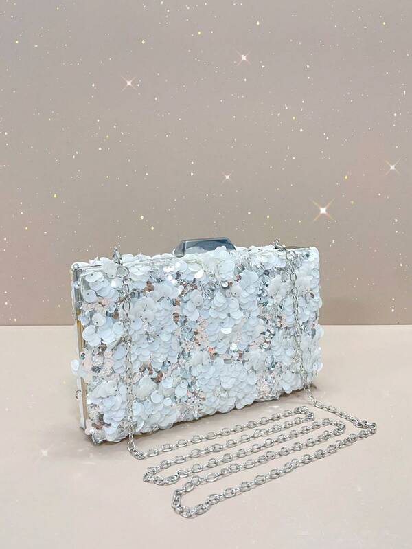 White Evening Bag, Lightweight Business Casual Sequin Decor Bucket Bag, Transparent Bag, Faux Pearl Bag, Evening Bag, Luxurious, Elegant, Exquisite, Quiet Luxury Sequins, Suitable For Party Girls, Women, Brides. Perfect For Parties, Galas/Banquets. Christmas Party Dress, Matches Perfectly With New Year's Outfit. Ideal To Pair With Women's Party Dresses. An Essential For Weddings, Matches Perfectly With Graduation Dresses, Prom Dresses.