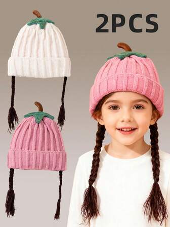 2pcs/Set 4-12 Years Old Kids Pumpkin Braided Knit Hat, Autumn/Winter, European And American New Fashion, Soft Warm Lining, Suitable For Girls, Casual Cute Simple Versatile, Indoor And Outdoor Use