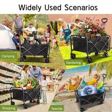 1 Carrito de jardín negro de metal resistente plegable y de uso múltiple, equipado con 4 ruedas todoterreno - Vehículo portátil para exteriores adecuado para jardinería, camping y playa, sin necesidad de montaje, gran espacio de almacenamiento, bolsillos laterales y asas ergonómicas, esencial para playas | Diseño plegable | Amplio espacio de almacenamiento, carrito de bebé para la playa, regalos para Año Nuevo y el Día del Padre