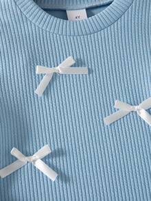 女童休闲蕾丝拼布蝴蝶结装饰圆领长袖及膝连衣裙（带挂袋），春秋季 - 藍色 - 查看 4