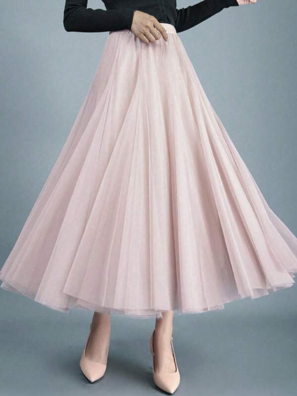 Falda midi de línea A de unicolor elegante para mujer LuminousWealth, adecuada para uso casual u oficina, para todas las estaciones