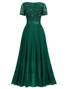 MIUSOL V-Neck Sequin Lace Contrast Chiffon Ruffle Trim Hem Elegant Evening Party Swing Dress - Màu xanh lá cây đậm - Xem 8