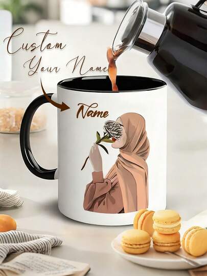 1pc Custom Personalized Name Illustration Coffee Mug, Muslim Style, Multiple Color Options, 11 Oz Ceramic Mug, Dishwasher, Hijabi Women'S Ceramic Coffee Mug - Ramadan, Birthday, Wedding Gift For Women, Office/Home Beverage Cup, Summer And Winter Drinkware, Birthday Gift, Holiday Gift, Christmas, Thanksgiving
