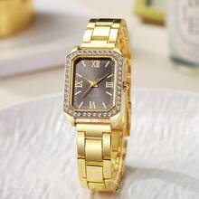 1 buc. Ceas de damă cu cuarț la modă, cu cadran pătrat simplu, carcasă placată cu aur de înaltă calitate, curea din oțel inoxidabil, potrivit pentru ziua de naștere, aniversare, cadou de Ziua Mamei