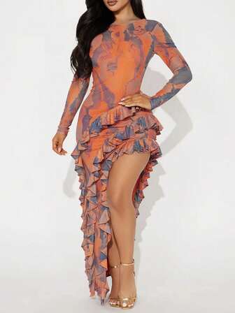 性感长袖女式紧身连衣裙，圆领、不对称荷叶边开衩和透明针织面料