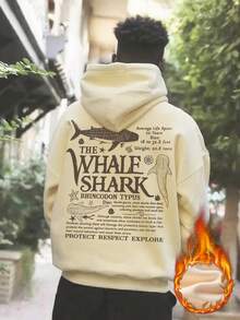 K-GLORY 男士宽松连帽衫，鲸鲨科普印花，秋冬款 - 杏色 - 查看 7