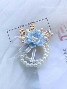 1pc Light Blue Bridesmaid Wrist Flower, Elastic Pearl Chain Wrist Corsage, High-End Bridal Accessory - Blue - View 2
