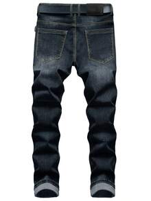 Men's Stretch Slim Fit Jeans - Stretch Denim Pants With Button Closure, Non-Transparent Slimming Trousers For Everyday & Formal Wear, All-Season Classic Blue Jeans For Men, Versatile Clothing, Vintage Style - 深藍色 - 查看 2