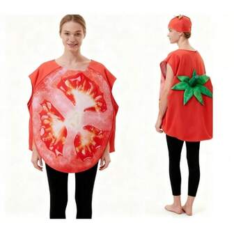 Tomato Costume For Halloween Fruit Party, Bright Red Role Play Outfit With Green Stem Hat, Funny Vegetable Themed Dress For Group Cosplay Events