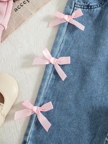 3pcs/Set Baby Girls' Casual American Style Pink Bow Print Hoodie Sweatshirt, Solid Color Camisole, And Bowknot Straight Leg Jeans, Autumn/Winter