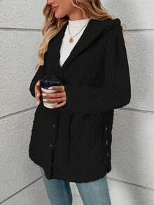 Áo khoác cardigan dài màu trơn, họa tiết hình thoi, chất liệu lông cừu mềm mại, cài cúc phía trước, thích hợp mặc hàng ngày, màu đen thu đông. - màu đen - Xem 5