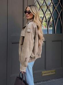 Chaqueta de ante caqui para mujer, de estilo casual y oversize, con bolsillos, para el otoño