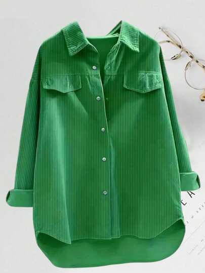 Women's Fashion Polyester Turndown Collar Long Sleeve Drop Shoulder Corduroy Casual Shirt, Asymmetric Hem With Button Detail