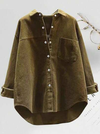 Women's Fashion Polyester Turndown Collar Long Sleeve Drop Shoulder Corduroy Casual Shirt, Asymmetric Hem With Button Detail Spring