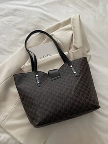 Bolso de mano grande con estampado de letras, bolso de hombro acolchado en forma de Y para mujeres, para ir al trabajo - Café - Ver 8