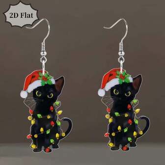 2D Flat Christmas Black Cat Earrings: With Festive Black Cat In Santa Hat & Christmas Lights Elements. Perfect For Xmas Parties, Holiday Outfits. Ideal Gift For Cat Lovers, Christmas Enthusiasts & Women Who Love Cute Festive Pet Accessories