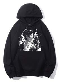"Trending Intense Anime Character In Flames Graphic Anime Aesthetic Fan Fashion Sweatshirt"Unisex Hoodie: Loose Fit, Makes You Look Slimmer, Stylish For The Street. Classic Hood, Easy To Match, Fits All Body Types. - 黑色 - 查看 1