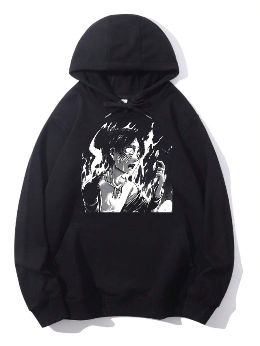 "Trending Intense Anime Character In Flames Graphic Anime Aesthetic Fan Fashion Sweatshirt"Unisex Hoodie: Loose Fit, Makes You Look Slimmer, Stylish For The Street. Classic Hood, Easy To Match, Fits All Body Types. - 黑色 - 查看 1