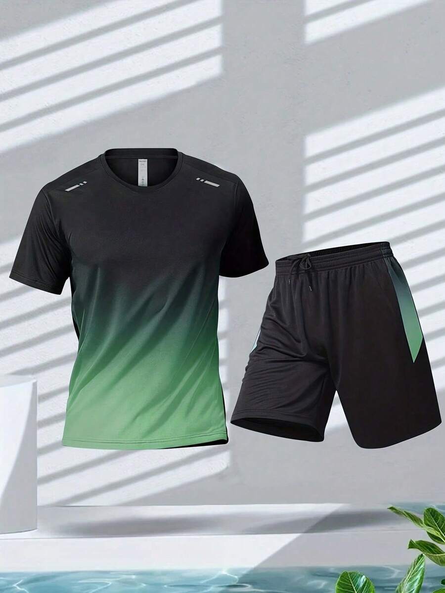 YINGHU 运动套装 男友风 男士跑步和骑行健身服 透气短袖冰丝T恤 速干服 篮球服 健身服 男友风 男士运动套装 男友风 男士短裤套装 健身套装 男友风 男士两件套 - 綠色 - 查看 1