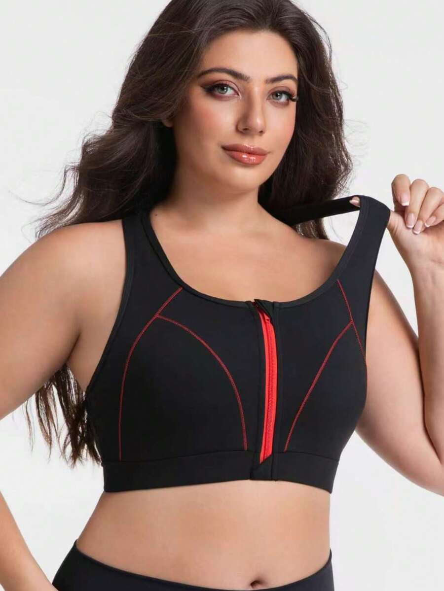 Reggiseno sportivo da donna con zip frontale, colore a contrasto, taglie comode, imbottitura rimovibile, adatto per attività all'aperto, yoga e sport - nero - Visualizzare 1