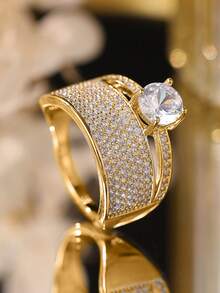 Caixa de presente de luxo com zircônia cúbica empilhável, anéis dourados, joias elegantes da moda adequadas para casamento e presente - Ouro - Ver 16