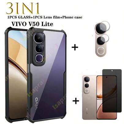 3-In-1 NEW For VIVO V50 Lite Case Acrylic Mobile Phone Case +Kunlun Glass Privacy Tempered Glass +Lens Film