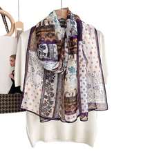 Écharpe longue en soie à carreaux argentés, imprimé rétro personnalisé,âle décoratif polyvalent haut de gamme, écharpe longue respirante pour femme