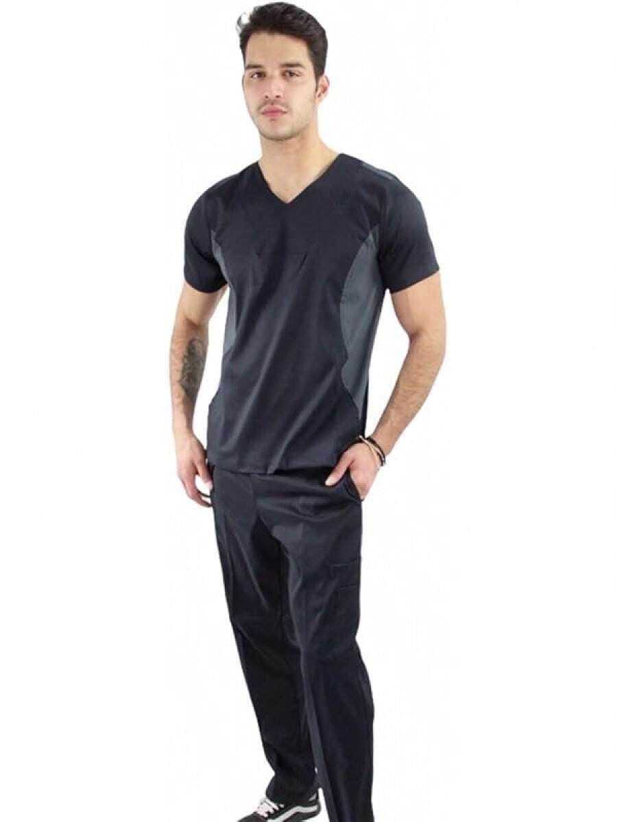 SOULMATE Men's Medical Scrub Top With Side Color Highlight - Red - View 1