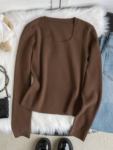 女士休闲针织毛衣，修身套头衫，新款秋冬设计 - 咖啡色 - 查看 5
