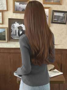 Women's V-Neck Ribbed Slim Fit Pullover Sweater, Versatile Long Sleeve Knit Top