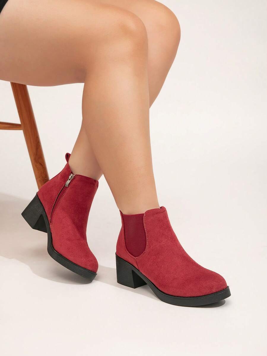 Plus Size Wide Fit Women Chelsea Boots With Side Zipper And Thick Heel, Elegant Solid Color High Heel Women's Fashion Boots With Chunky Heel And Elastic Band - Burgundy - View 1
