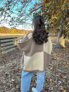 Chaqueta de punto a cuadros de estilo vívido para mujer, chaqueta suelta de manga farol de talla grande, suéter retro de otoño/invierno, Navidad, suéter navideño - Amarillo - Ver 2