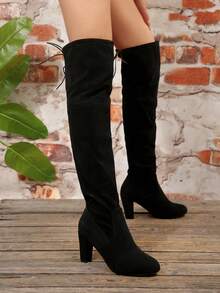 Women's Black Thigh High Boots, Pointed Toe, Chunky Heel, Elastic, Slim Fit Tall Boots