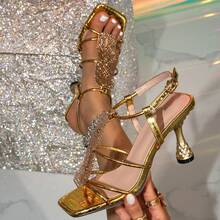 女士银色新款时尚舒适春夏交叉镶钻闪亮细高跟尖头凉鞋