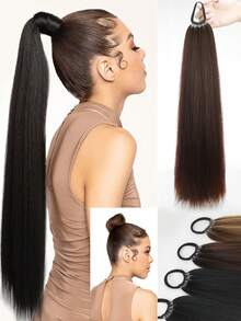 18英寸/22英寸/26英寸马尾假发，多功能弹力带深棕色耐热马尾假发，女士长直DIY缠绕式马尾，柔软自然合成马尾，适合日常角色扮演、圣诞节、音乐节、嘉年华、新年礼物等场合。 - 彩色 - 查看 3