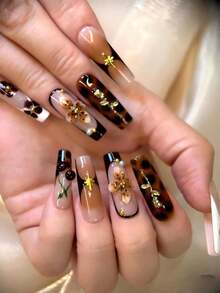 10pcs Glossy Y2K French Style Nail Stickers, Pink Nails, Red Nails, Light Blue Nails, Shiny Brown Nails, 3D Handmade Starfish & Shell Decor, 3D Hand-Painted Water Wave, Cherry, 3D Colorful Carved Flower Rectangle Acrylic Nails, Perfect For Bikini Beach Matching. - 摩卡棕 - 查看 3