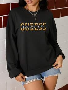 印花 Y2K 风格女式运动套头衫，带有 MIAO 印花 - 休闲长袖圆领上衣，可机洗