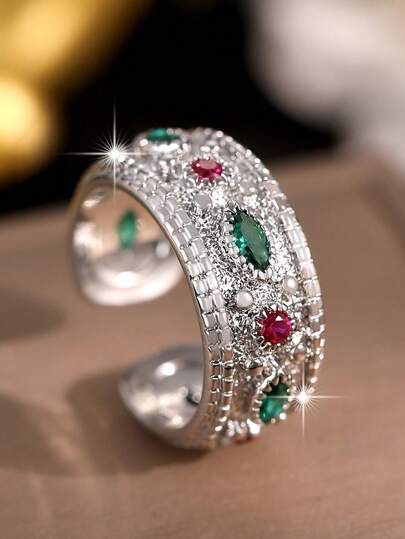 1pc Vintage Old Money Style Geometric Inlay Colorful Cubic Zirconia Rings Middle Eastern Style Wedding Openable Ring For Women Couple Dating Anniversary Christmas Gift