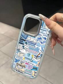 Ins-Style High-Quality Dopamine Color Series, Hand-Painted Book & Signpost Pattern Phone Case, Compatible With IPhone 17/15/16 Pro Max, Creative Apple 11/12/13/14 Pro Shockproof Phone Case - Sky Blue - View 3