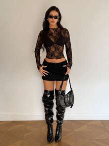 Women's Black Sheer Mesh Lace Long Sleeve Top - Black - View 7