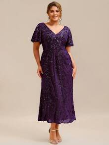 EVERPRETTY Vestido midi de sirena con escote en V y mangas cortas con lentejuelas para mujer de talla grande, vestido de noche morado adecuado para cena formal, vacaciones, invitada de boda, vestido de fiesta formal que se ajusta a la curva para ocasiones de primavera - Morado - Ver 5