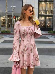 Women's Fashion Bohemian Style Square Neck Mini Skirt, Made Of Comfortable Woven Fabric, Decorated With Pink Floral Print, Long Ruffle Sleeves, Tie Accent Details And Flared A-Line Hem