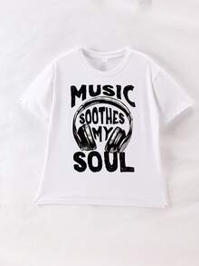 少女耳机和标语图案短袖T恤夏季