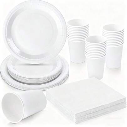 16/64pcs White Party Set, White Party Plates, Winter White Tableware Series, Bridal Shower Decorations Party Supplies Including Napkins, Plates, Cups And Napkin Holders, Picnic Gathering, Valentine's Day Party Supplies, Serves 16